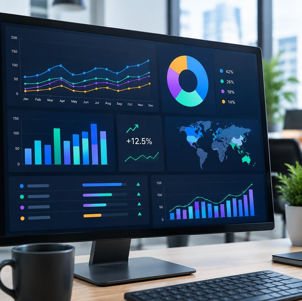 Data dashboard with multiple charts on a monitor