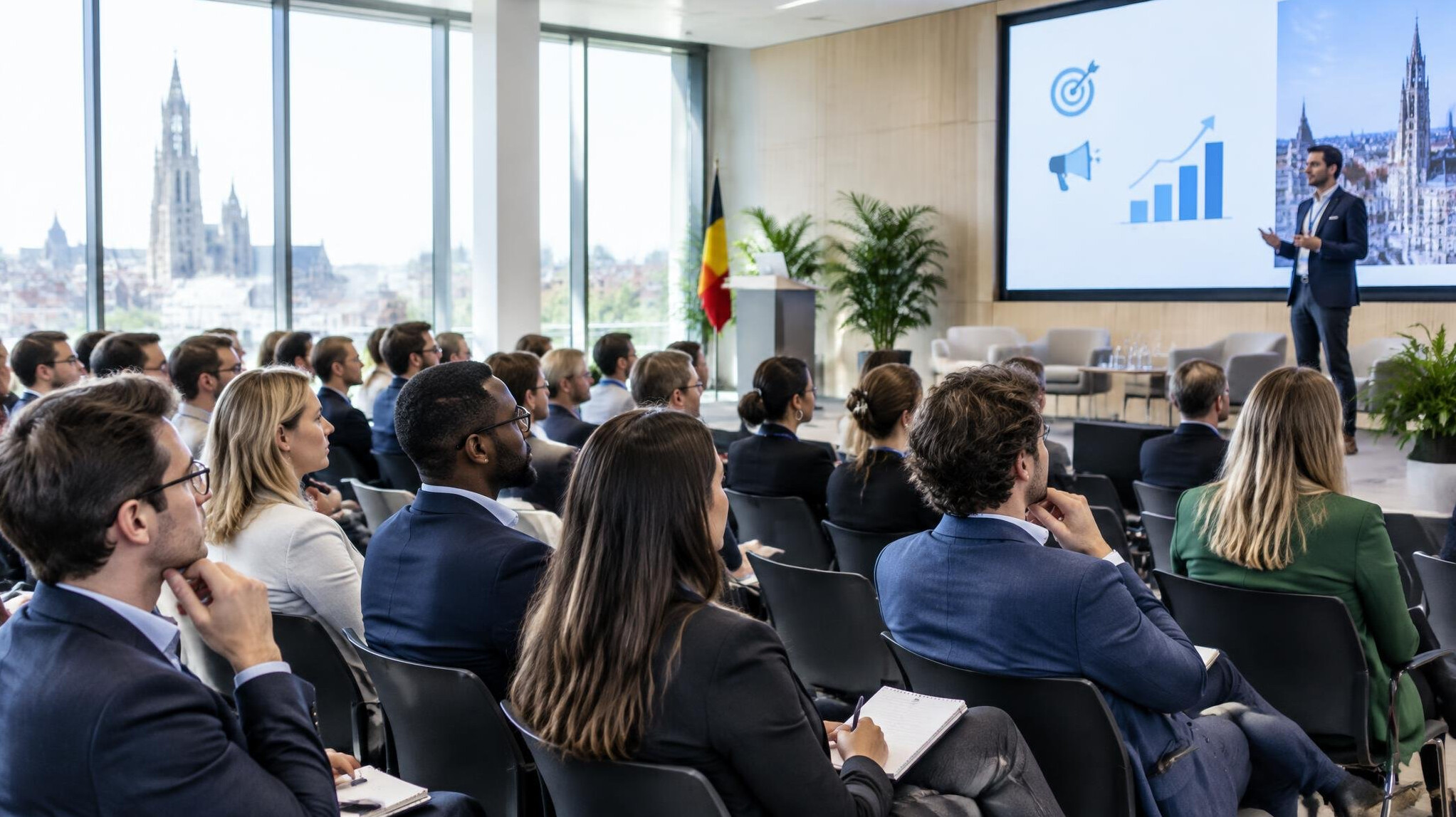 Audience attending a business conference in a modern auditorium