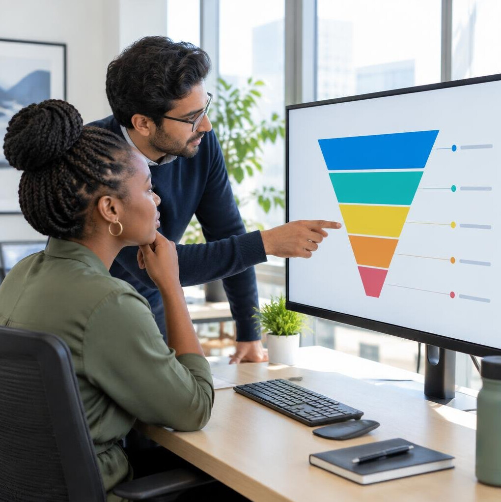 Team reviewing conversion funnel data on a screen